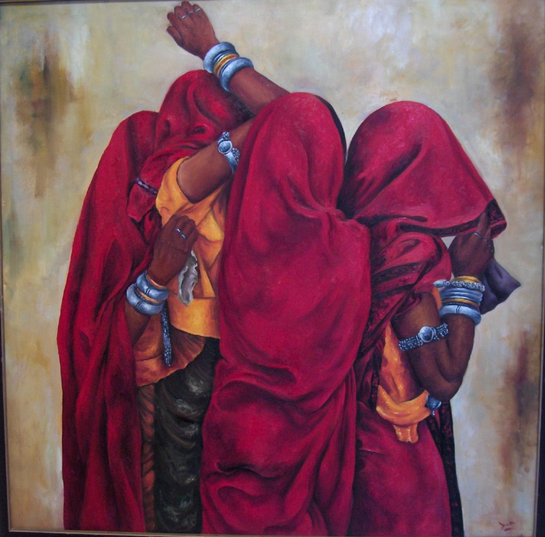 Three Women in Red — oil on canvas